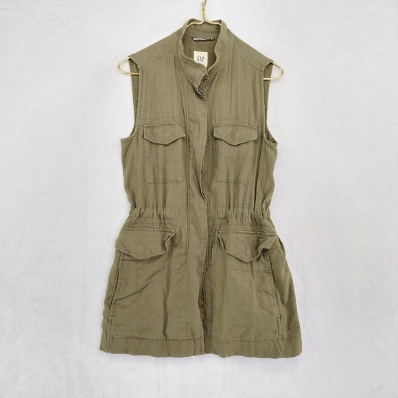 Gap Olive Green Drawstring Snaps Flap Pockets Casual Army Vest Z9 - Picture 1 of 7